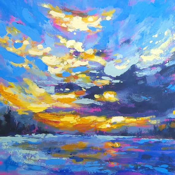 Original Acrylic Painting Sunset Landscape Blue Night Sky Light Art 6x6