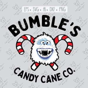 Op de afbeelding: Een zwart-witte illustratie van een sneeuwpop met een tandenrij, die twee rode en witte snoepstokken vasthoudt. De tekst "Bumble's Candy Cane Co." staat in zwart onder de sneeuwpop.