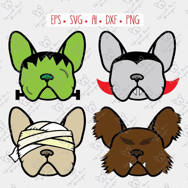 Frenchie Monsters, Frankenstein, Dracula, Mummy, Wolfman, Bulldog, Crafts, Clipart, Cricut, svg, eps, ai, dxf,png, digital, INSTANT DOWNLOAD