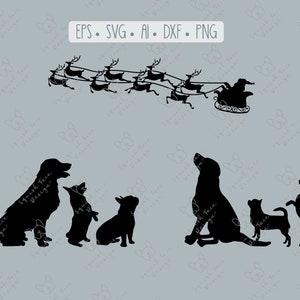 May include: Silhouette of five dogs looking up at Santa Claus in his sleigh pulled by reindeer flying in the sky. The dogs are in different poses, including sitting, standing, and looking up.
