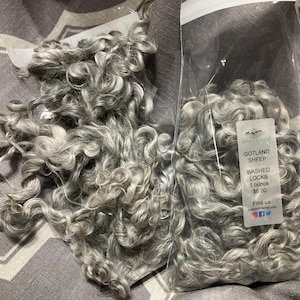May include: A close-up of Gotland sheep washed locks. The image shows a clear plastic bag filled with gray, curly wool locks, and a pile of loose wool. The label on the bag reads "Gotland Sheep, Washed Locks, 1 ounce."