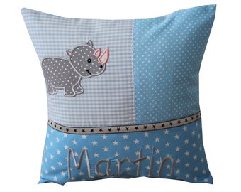 Cuddly pillow with rhino and desired name