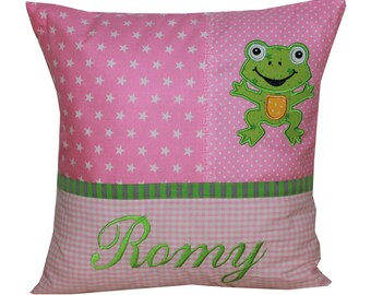 Cuddly pillow with frog and desired name