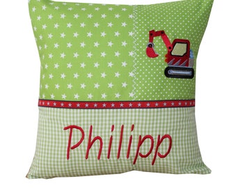 Cuddly pillow with excavator and desired name