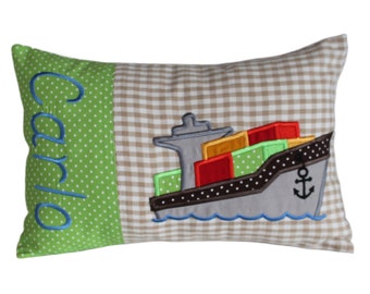 Cuddly pillow with container ship and desired name