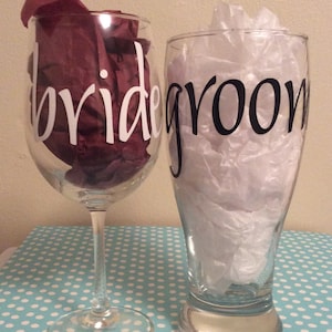 Bride & Groom Glasses; Wedding Glasses; Bride and Groom; Bride Wine Glass; Groom Pint Glass; Wedding Toast Glasses