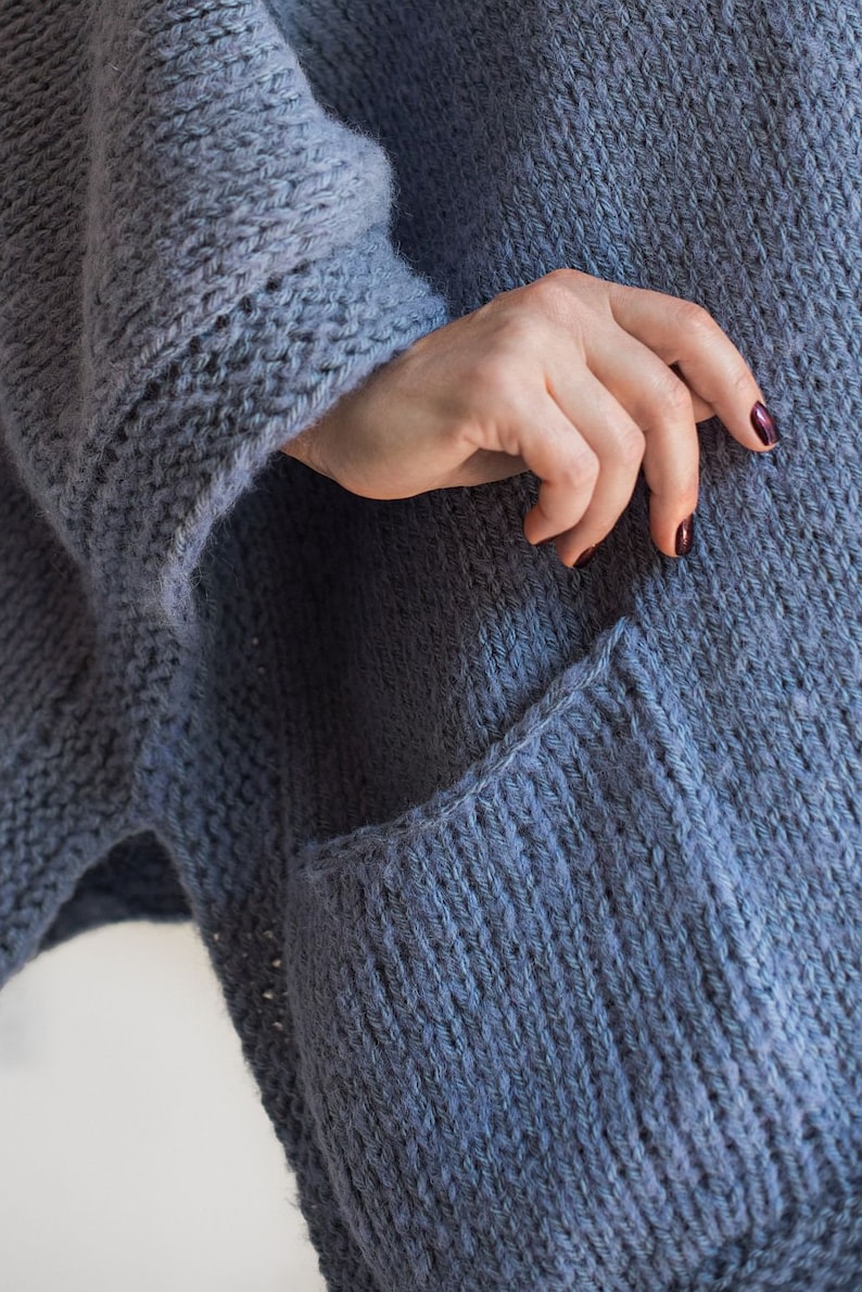 Poncho sweater with pockets knitted in chunky alpaca wool Plus size boho clothing