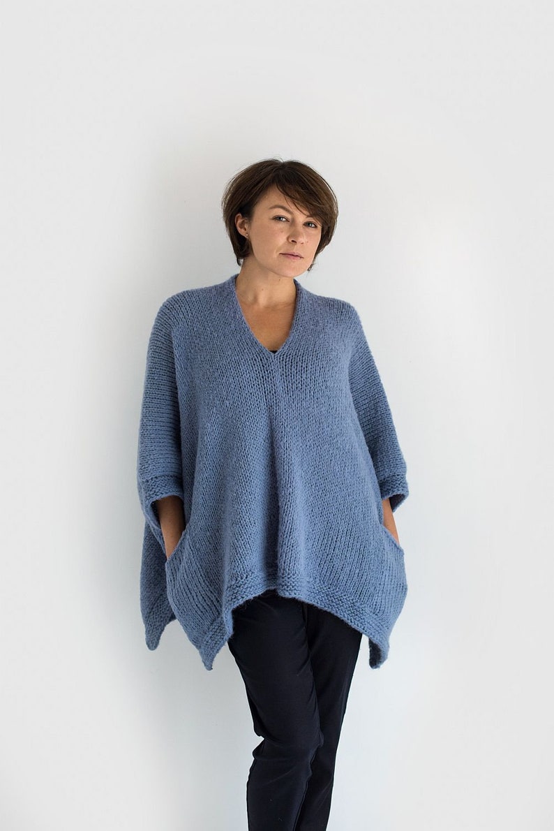 Poncho sweater with pockets knitted in chunky alpaca wool Plus size boho clothing
