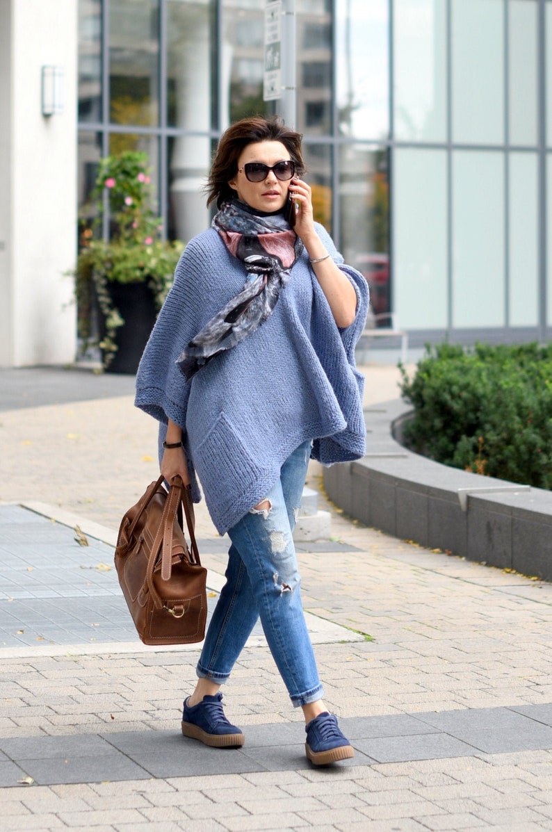 Poncho sweater with pockets knitted in chunky alpaca wool Plus size boho clothing