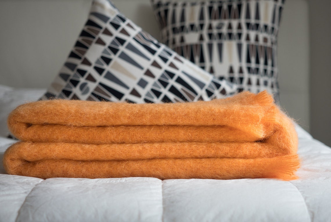 Orange mohair blanket throw Natural 100 angora wool blanket Etsy