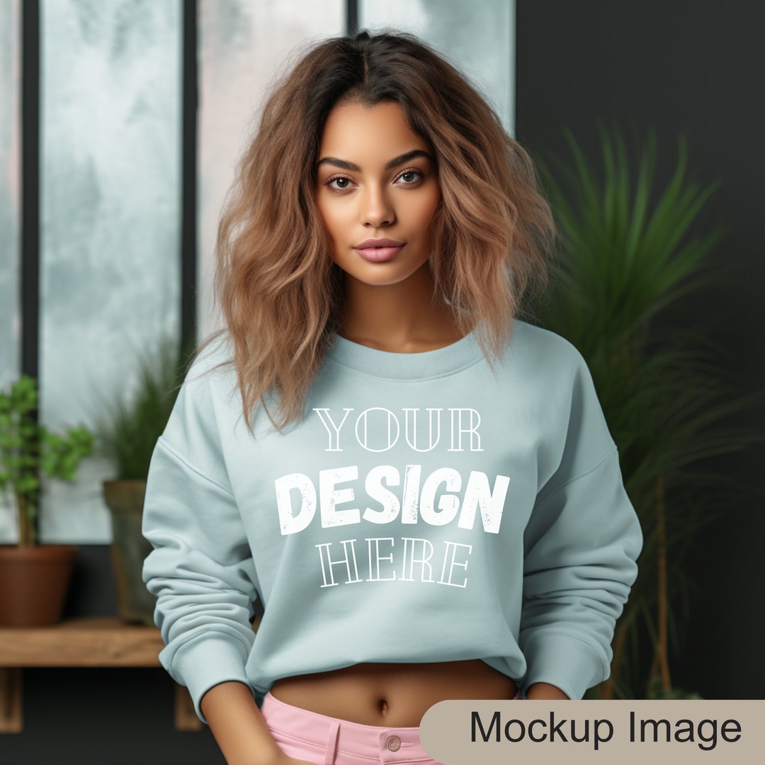 Mockup Woman With Light Blue Sweatshirt Png File M15 - Etsy