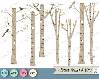 Brown Birch clipart, Tree clipart, Birch vector, Birch PNG, Birch tree digital, Bird clipart, Bird png Silhouettes, Tree png, Tree vector