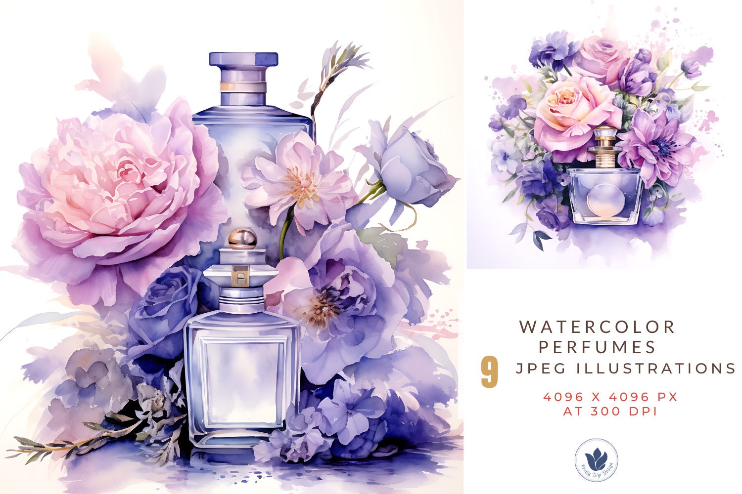 A set of beautiful bottles of perfume. Women's perfume. Vector watercolor.  Elements for design.Template Vector. Stock Vector by ©Galina72 342794024