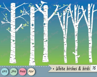 White Birch clipart, Tree clipart, Birch vector, Birch PNG, Birch tree digital, Bird clipart, Bird png Silhouettes, Tree png, Tree vector