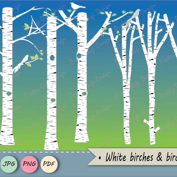 White Birch clipart, Tree clipart, Birch vector, Birch PNG, Birch tree digital, Bird clipart, Bird png Silhouettes, Tree png, Tree vector