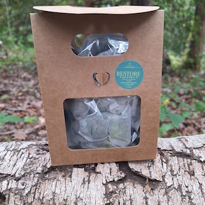 May include: A brown kraft paper bag with a rectangular window and a heart-shaped cutout, containing tea bags. A circular teal label on the front reads RESTORE Strength & Balance Tea, Moonleaf & Greenleaf, Kaolin, 10 biodegradable tea bags.