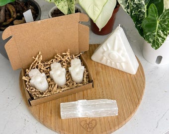 Pastillas de cera espirituales – Mano de Hamsa blanca / Aceites esenciales de salvia y vainilla / Cera de abeja orgánica / Energía de pureza, limpieza y paz