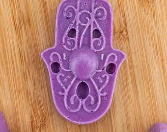 Pastillas de cera espirituales – Mano de Hamsa púrpura / Lavanda, incienso y sándalo / Cera de abeja orgánica / Intuición, paz y consciencia espiritual