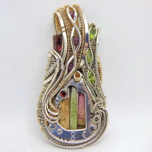 Court Miller extravaganza tourmaline topaz garnet ruby peridot in silver and gold fill wire wrap fabricated pendant