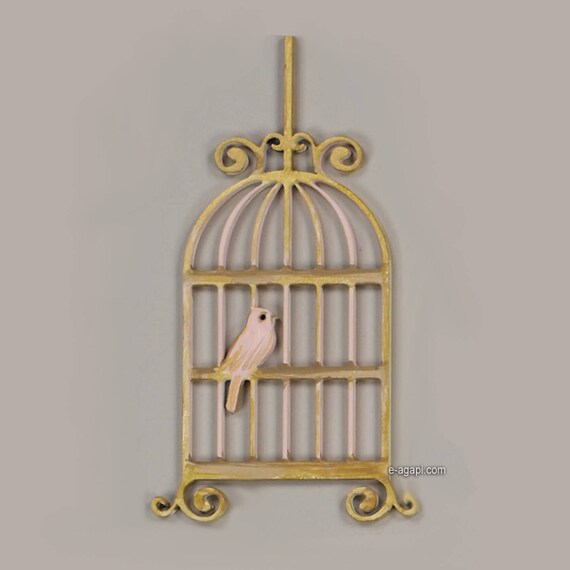 Bird In Birdcage Wooden Embellishment Handpainted Scrapbook Etsy