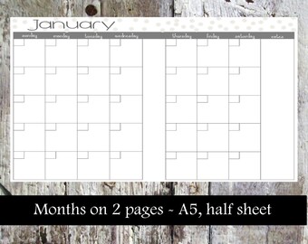 Monthly Planner Insert - month on 2 pages, A5, half sheet *INSTANT DOWNLOAD*