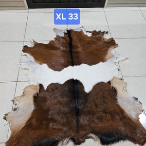 May include: A natural goat skin rug with a brown, white, and tan color pattern. The rug has a unique shape and texture, with the text "XL 33" in a blue rectangle.