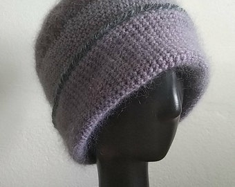 Bonnet hiver mauve bordeaux gris alpaga mohair soie fait-main au crochet taille M