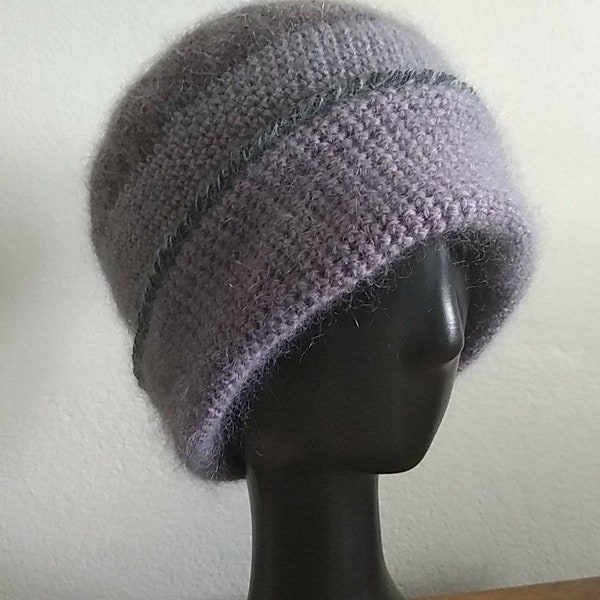 Bonnet hiver mauve bordeaux gris alpaga mohair soie fait-main au crochet taille M