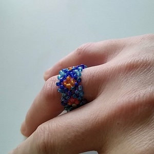 Fancy ring in crisscross blue orange miyuki seed beads for women size 9 US / 59 EU handmade hippie minimalist boho