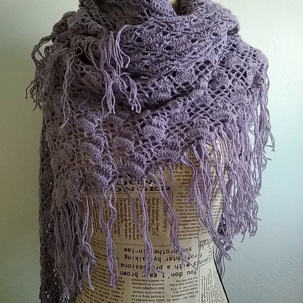 Écharpe châle dentelle laine alpaga mauve violet clair ajourée dentelle pour femme bohème chic soirée automne hiver fait-main au crochet