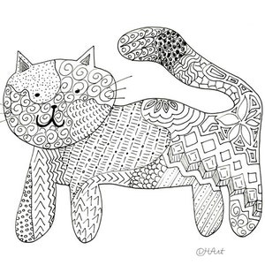 Zentangle Cat Coloring Page to print and color image 1