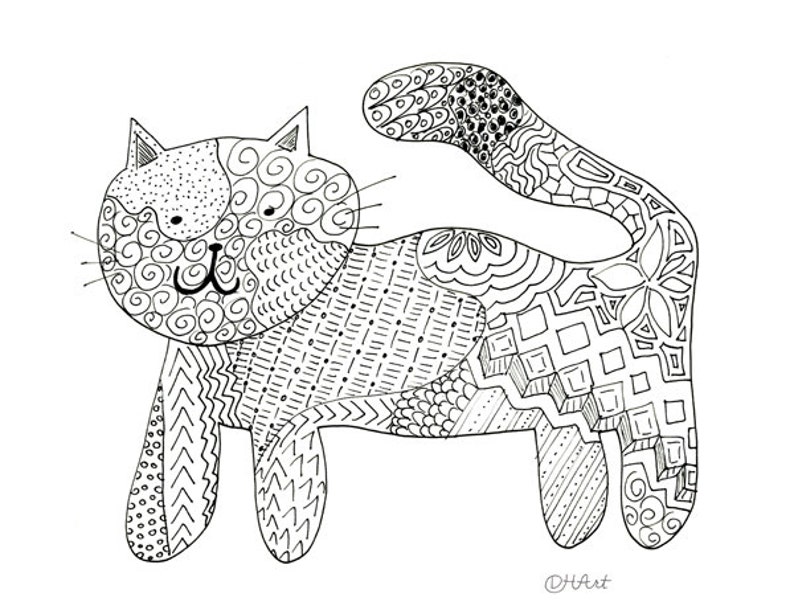 Zentangle Cat Coloring Page to print and color image 1