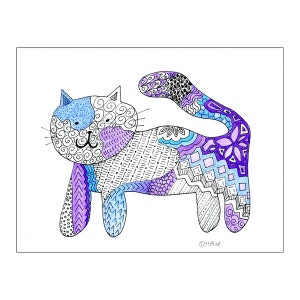 Zentangle Cat Coloring Page to print and color image 2