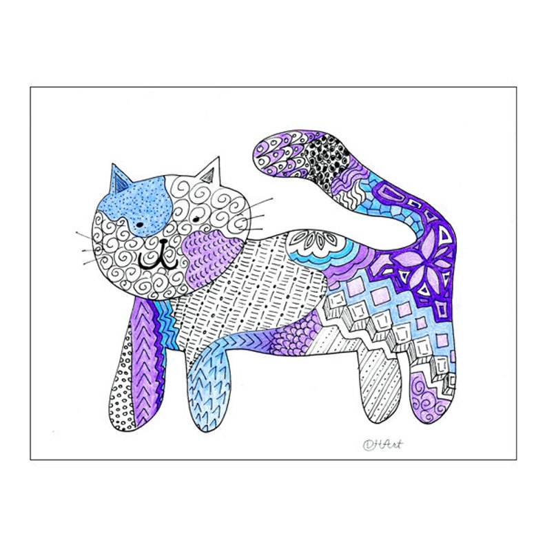 Zentangle Cat Coloring Page to print and color image 2