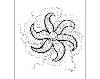 May include: Black and white line art of a stylized floral design. The central element is a star-shaped center with curved petals. Dotted lines and swirling accents surround the main design. The artist's signature, ©Hart, is in the lower left corner.