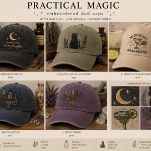 May include: A collection of five low-profile, unstructured dad caps featuring embroidered designs including a moon with the text 'meet me at midnight', a black cat with lavender, a margarita glass, a house, and a bouquet of herbs.