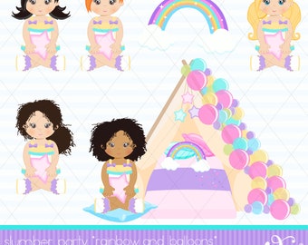 Slumber Party Digital Paper Fashion Clipart Cozy Pastel Pajama Planner Sticker Rainbow Cake Movie Night