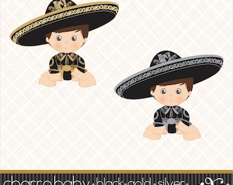 Baby Charro, Black, Gold N Silver, Mexican Folklore, Clipart, Baptism, Aztec, Decorative, Baby Shower, Mexican, Fiesta, Gabz