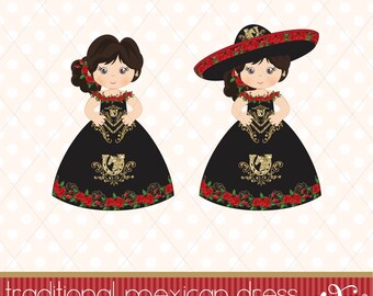 Puede incluir: Dos ilustraciones de niñas con vestidos tradicionales mexicanos con faldas negras, bordados dorados y rosas rojas. Una niña lleva un sombrero rojo con rosas rojas.