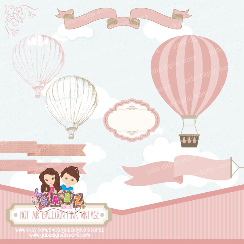 Hot Air Balloon Pink Vintage Clipart Digital Paper Birthday | Etsy