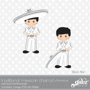 Charro, zilver en wit, zwart haar, Mexicaanse folklore, clipart, zilveren glitter, Azteeks, decoratief, communie, Mexicaans, Fiesta, Gabz
