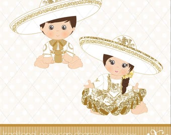 Traditionelle mexikanische Charro Babys Clipart, Gold Glitter Folklore (PNG Download), GABZ
