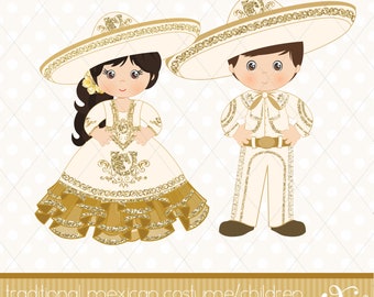 May include: Illustration of two children in traditional Mexican costumes. The girl wears a cream-colored dress with gold accents and a large sombrero. The boy is in a matching outfit with a sombrero. The image includes the text "traditional mexican costume/children".