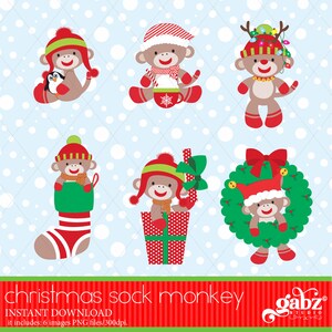 May include: Six festive Christmas sock monkey illustrations. The monkeys are brown with red and green details, wearing hats and holding items like a penguin, a mug, and a gift. The background is light blue with white dots.