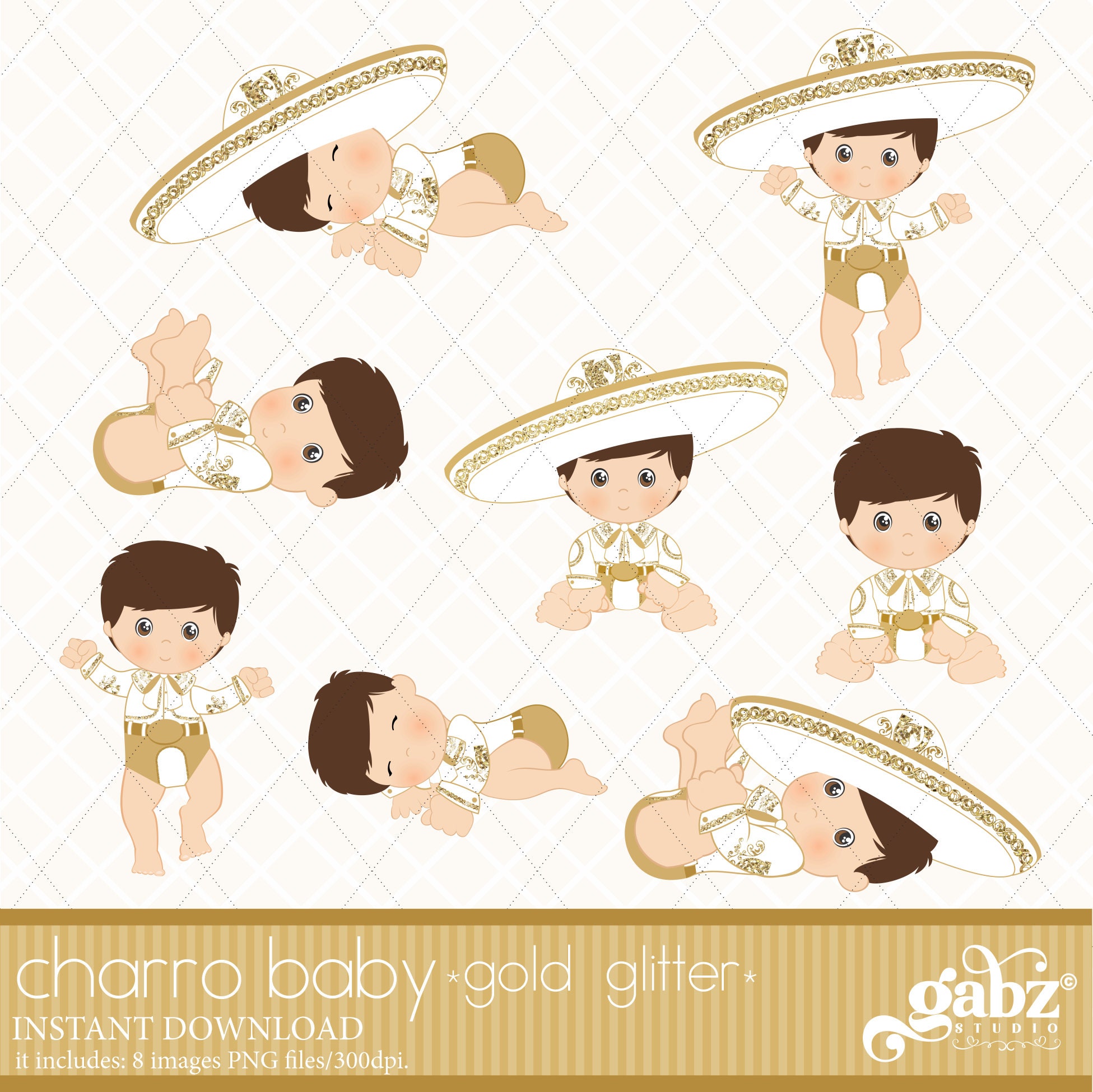 Baby Charro, Black Hair, Mexican Folklore, Clipart, Gold Glitter, Aztec ...