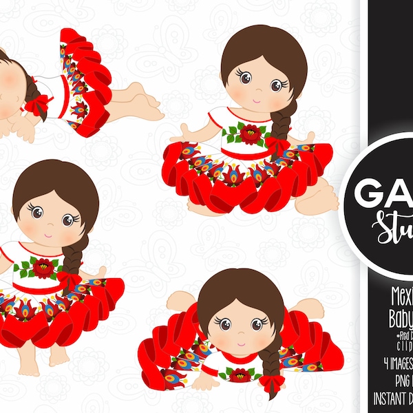 Mexican Baby Girl, Mexican Red Dress, Mexican Folklore, Black Hair, Clipart, Aztec, Decorative, Baby Shower, Mexican, Fiesta, Gabz