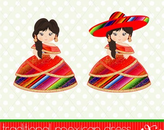 Puede incluir: Dos ilustraciones de niñas con vestidos tradicionales mexicanos con faldas a rayas de colores y corpiños rojos. Las niñas tienen el pelo oscuro y llevan pendientes de oro. Una niña lleva un sombrero rojo con una banda a rayas de colores.