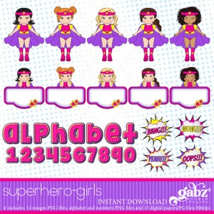 Superheld Mädchen, Supergirl Held, Clipart, Digitalpapier, Alphabet, Zahlen, Superhelden Geburtstag, Mädchen, Superheld, Geburtstag, Pop Art, Gabz