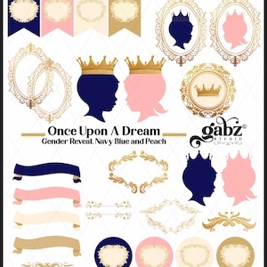 Érase una vez un sueño, revelación de género, azul marino y melocotón, baby shower, clipart, príncipe o princesa, niño o niña, gemelos, Gabz