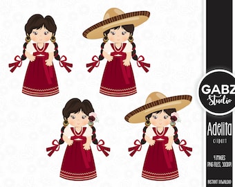 Könnte beinhalten: Vier Illustrationen eines Mädchens in einem traditionellen mexikanischen Kleid. Das Mädchen hat dunkle Haare in Zöpfen, trägt eine weiße Bluse, ein bordeauxfarbenes Kleid und goldene Ohrringe. Zwei Figuren tragen einen Sombrero. Das Bild enthält den Text "Adelita Clipart".